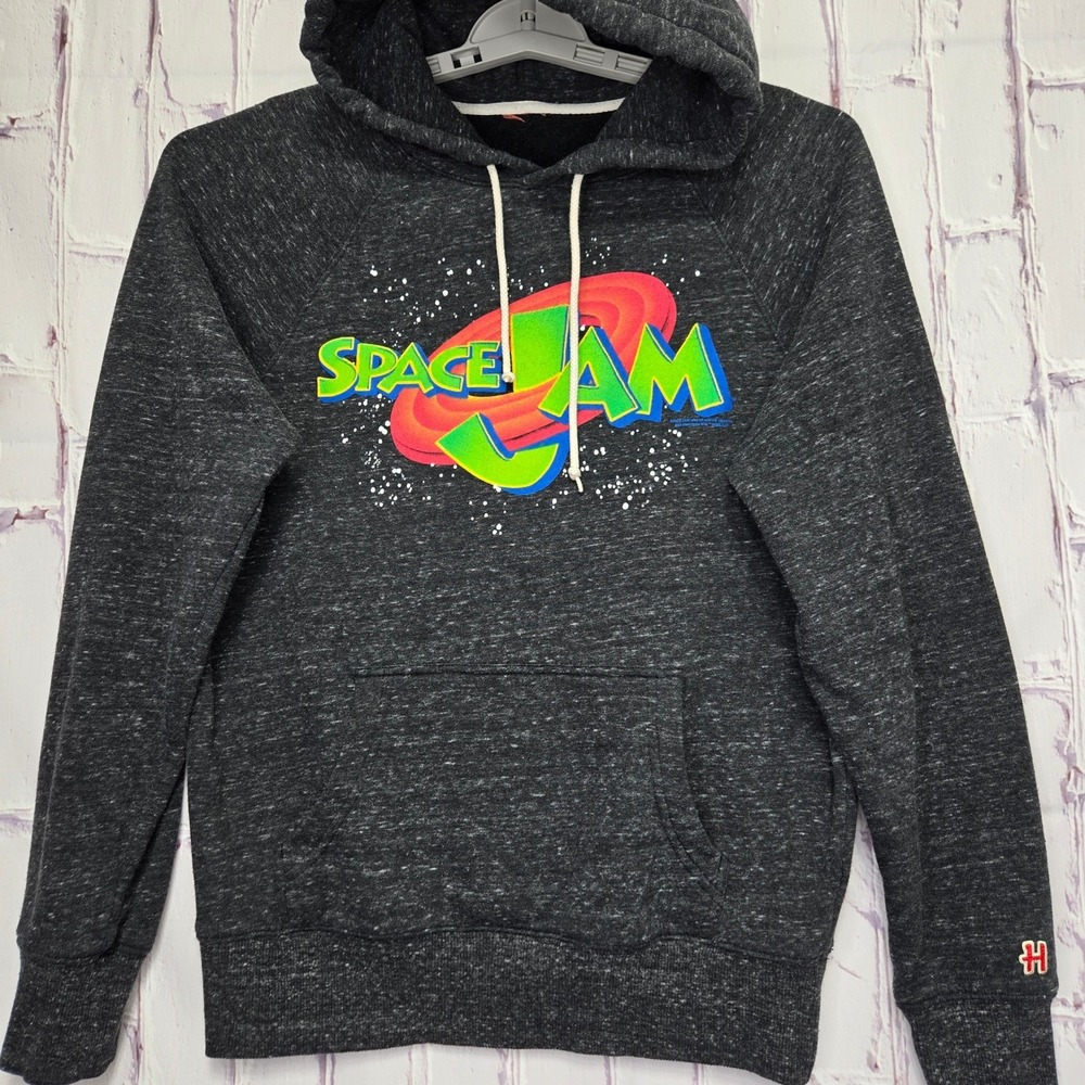 Space Jam Movie Graphic Hoodie Charcoal Gray Raglan Soft Sweatshirt Mens Small
